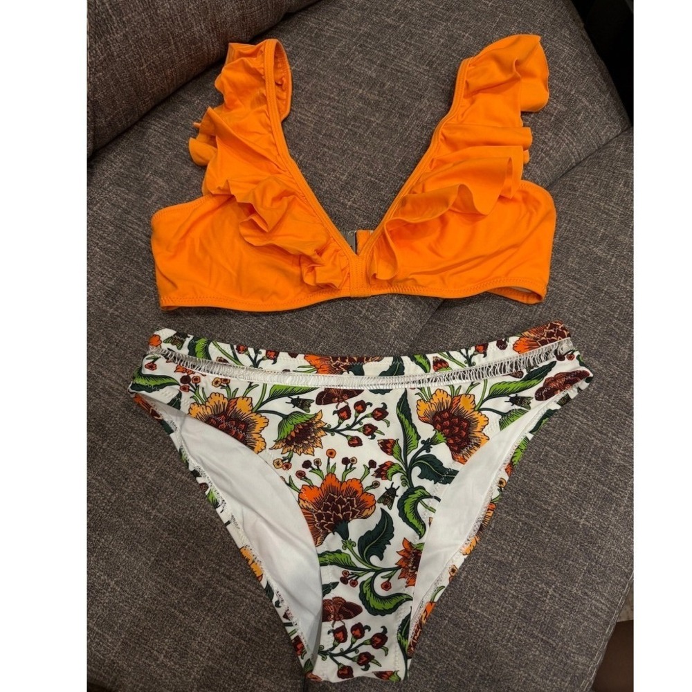 Orange Ruffle Bikini Top and Floral Butterfly Print Bottoms Two Piece Swimsuit S